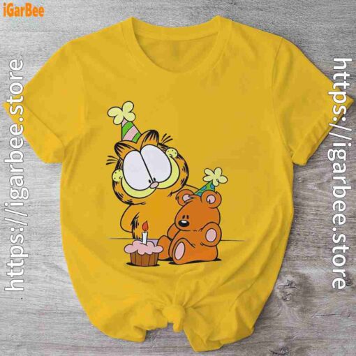 1 happy birthday garfield with small cake yellow shirt