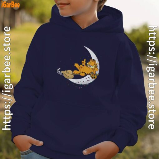 10 garfield halloween crescent moon broom riding youth kid navy hoodie