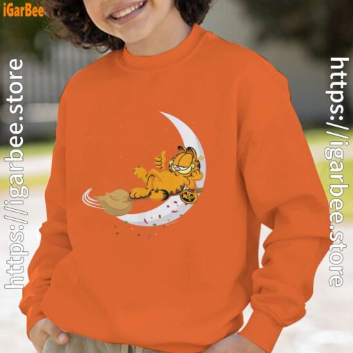 13 garfield halloween crescent moon broom riding orange boy sweatshirts