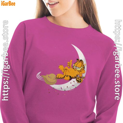 14 garfield halloween crescent moon broom riding pink women sweatshirt