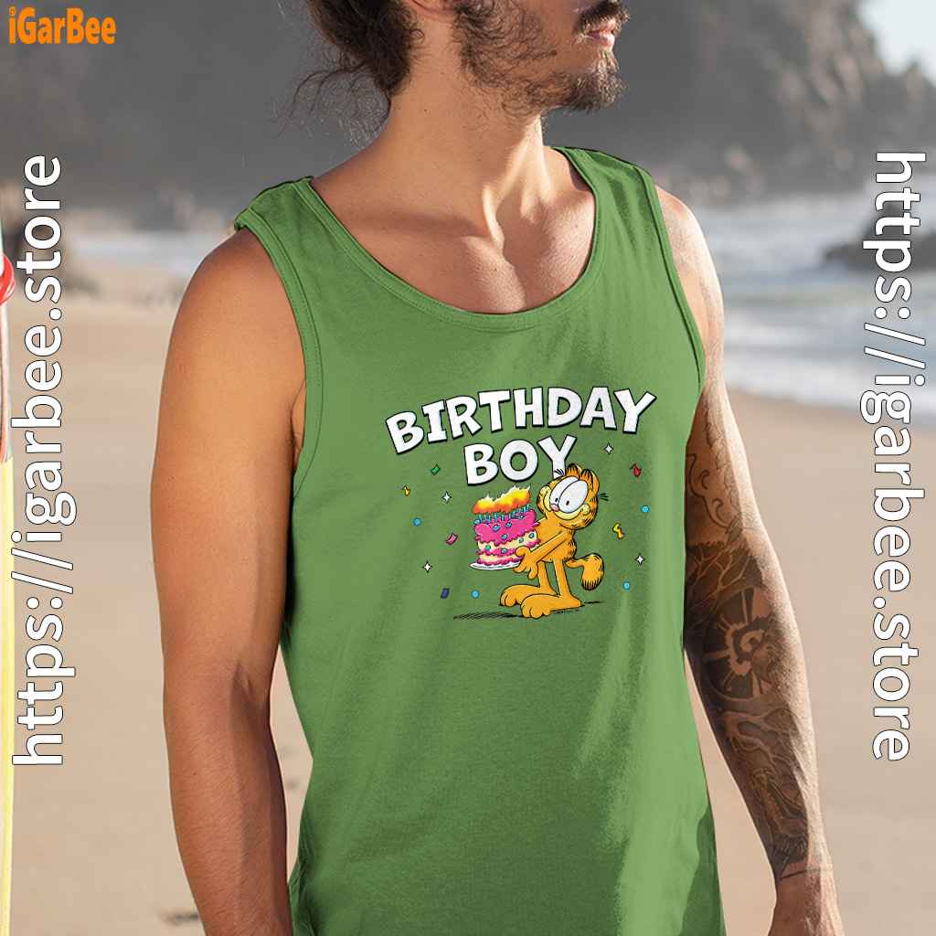 garfield birthday boy cake confetti celebration men tank top green garfield birthday boy cake confetti celebration men tank top green
