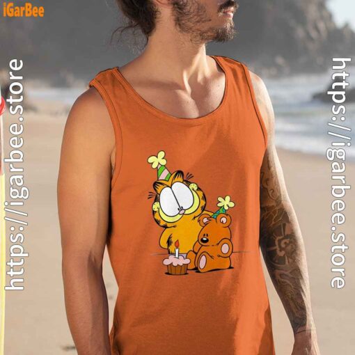 15 happy birthday garfield with small cake orange men tank top
