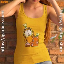 16 happy birthday garfield with small cake yellow tank top women
