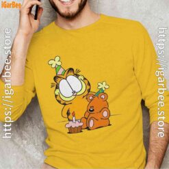 18 happy birthday garfield with small cake yellow long sleeve man