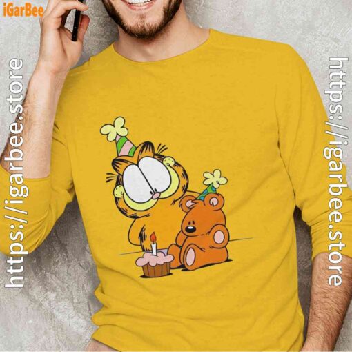 18 happy birthday garfield with small cake yellow long sleeve man
