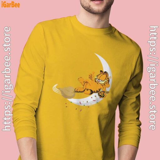 19 garfield halloween crescent moon broom riding men's yellow long sleeve