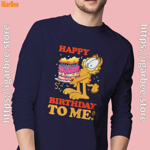 19 garfield happy birthday to me with cake men navy long sleeve