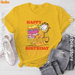 2 garfield happy birthday to me with cake yellow tee shirt