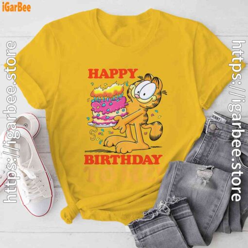 2 garfield happy birthday to me with cake yellow tee shirt