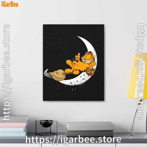 3 garfield halloween crescent moon broom riding black canvas