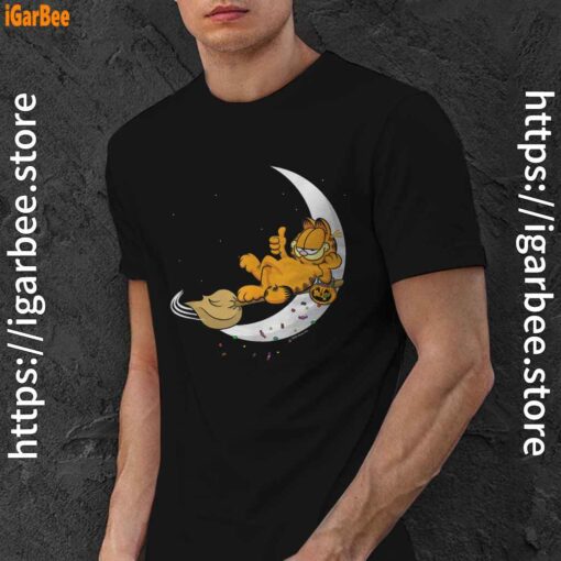 3 garfield halloween crescent moon broom riding black men shirt