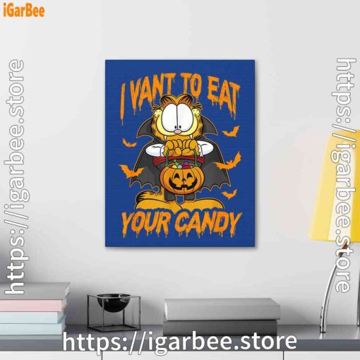 3 garfield halloween want to eat your candy blue canvas