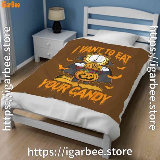 3 garfield halloween want to eat your candy brown blanket