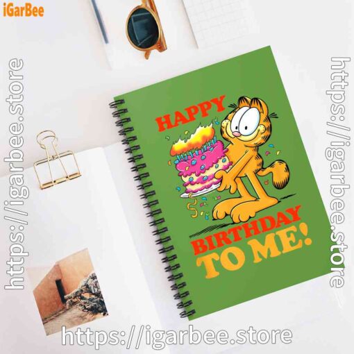 3 garfield happy birthday to me with cake green notebook