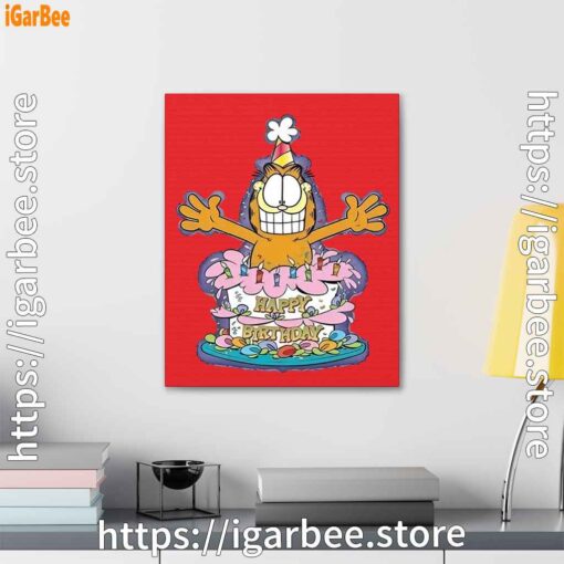 3 happy birthday garfield cat in town red canvas