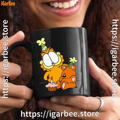 3 happy birthday garfield with small cake black mug 15oz