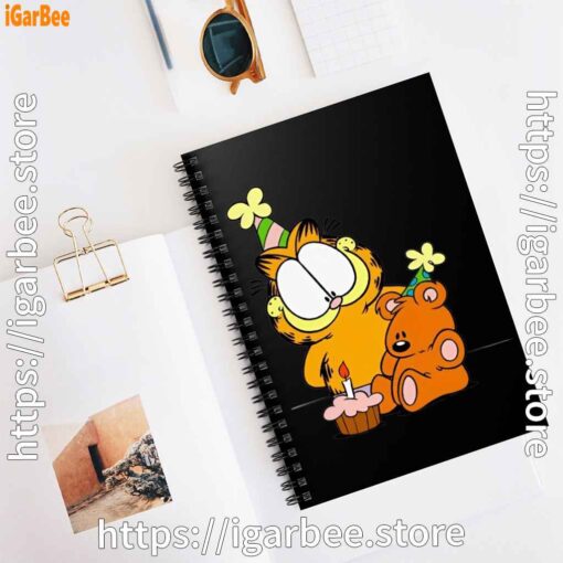 3 happy birthday garfield with small cake black notebook