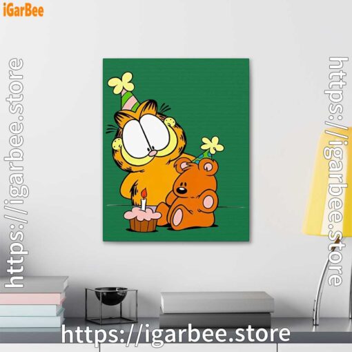 3 happy birthday garfield with small cake green canvas