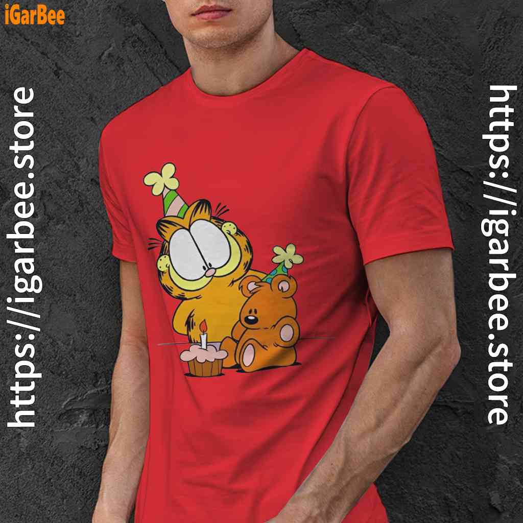 happy birthday garfield with small cake red men shirt happy birthday garfield with small cake red men shirt