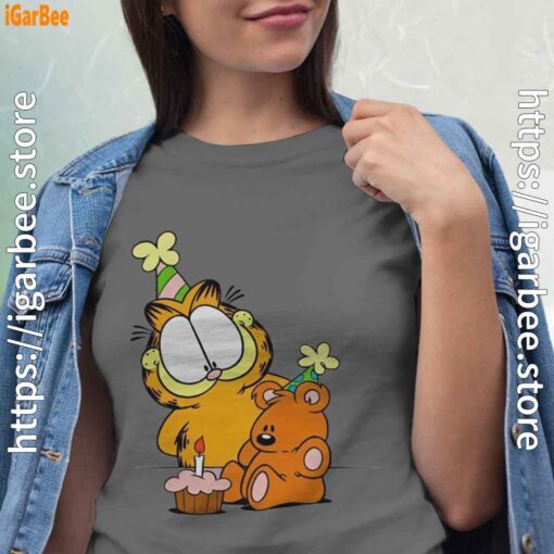 4 happy birthday garfield with small cake gray shirt for women
