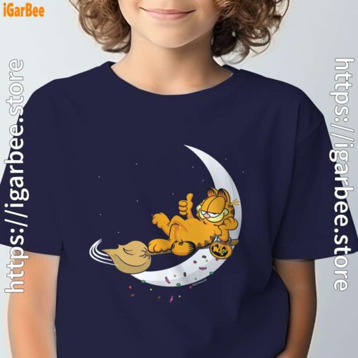 5 garfield halloween crescent moon broom riding navy boy's t shirt