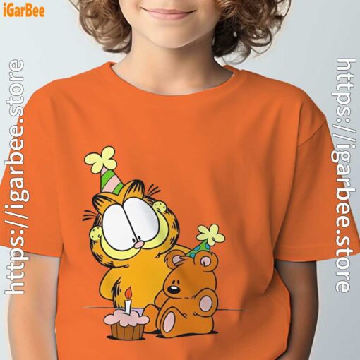 5 happy birthday garfield with small cake orange tee kids boy