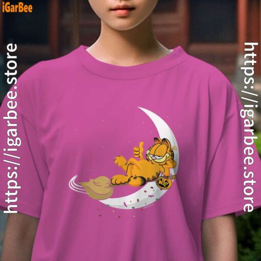 6 garfield halloween crescent moon broom riding youth girl pink t shirt