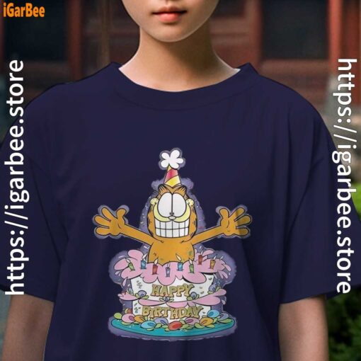 6 happy birthday garfield cat in town kids girl navy t shirt