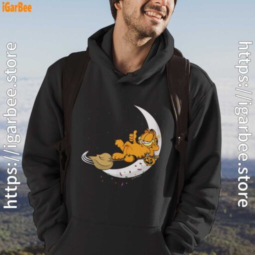 7 garfield halloween crescent moon broom riding black men hoodie for male