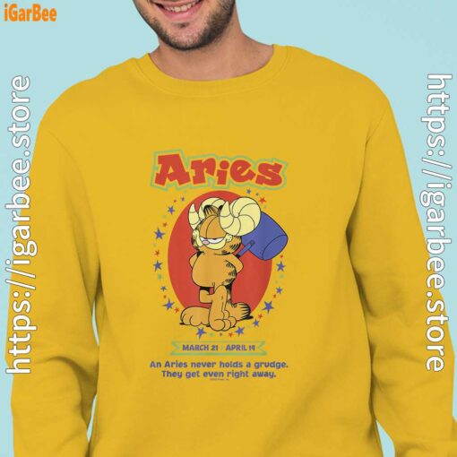 garfield aries man with yellow sweatshirt