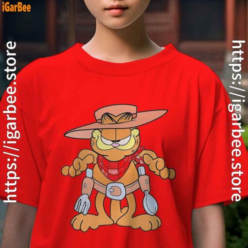 garfield cowboy with spoon and fork kids girl red t shirt female