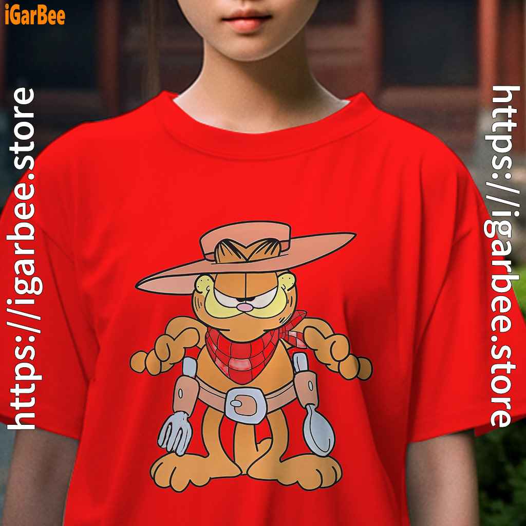 garfield cowboy with spoon and fork kids girl red t shirt female garfield cowboy with spoon and fork kids girl red t shirt female