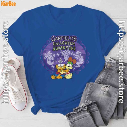 garfield halloween adventure hugging blue tee shirt