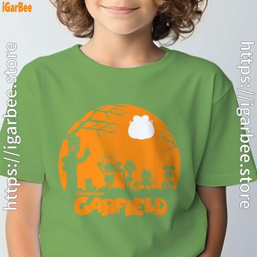 garfield halloween group shot nighttime spooky silhouette tee green for youth boy