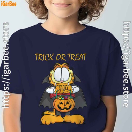 garfield halloween trick or treat pumpkin navy boy's t shirt