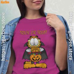 garfield halloween trick or treat pumpkin pink women shirt