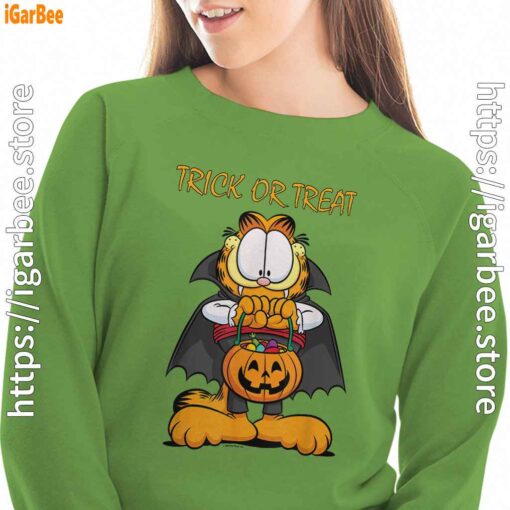 garfield halloween trick or treat pumpkin women with green sweatshirt