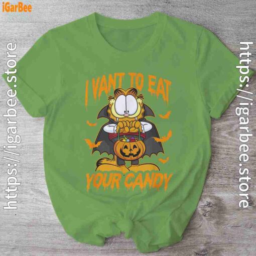 garfield halloween want to eat your candy green shirt