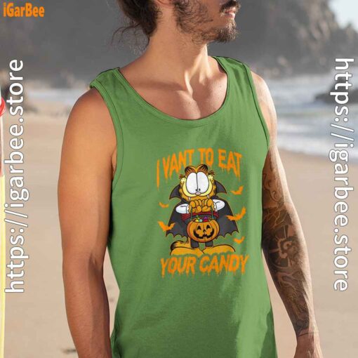 garfield halloween want to eat your candy men tank top green