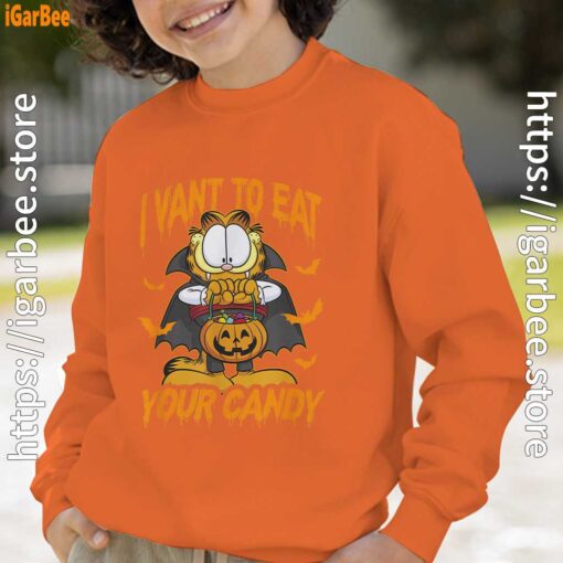 garfield halloween want to eat your candy orange boy sweatshirts