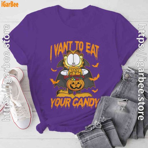 garfield halloween want to eat your candy purple tee shirt