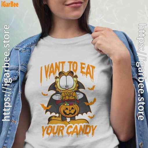 garfield halloween want to eat your candy white shirts for women