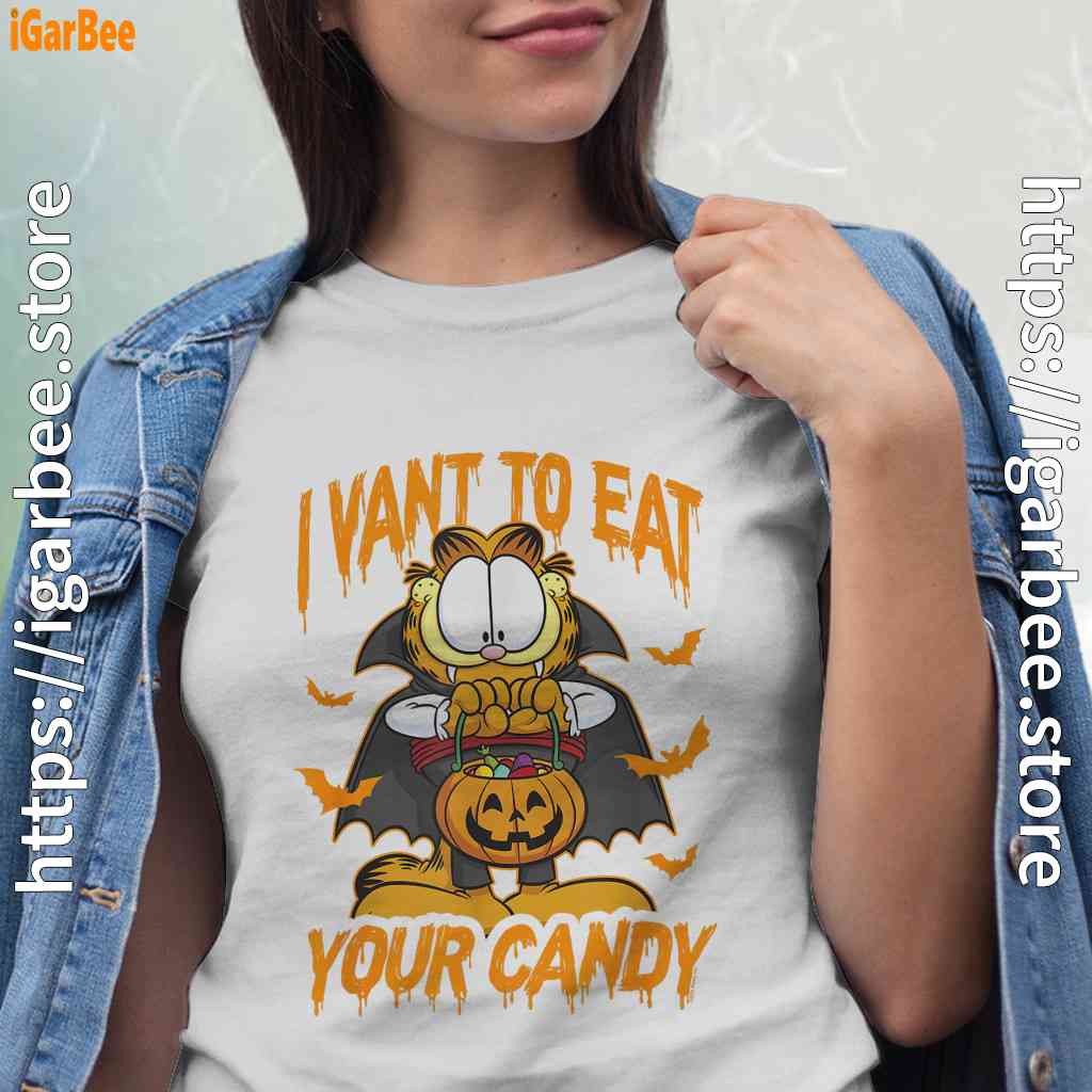garfield halloween want to eat your candy white shirts for women garfield halloween want to eat your candy white shirts for women