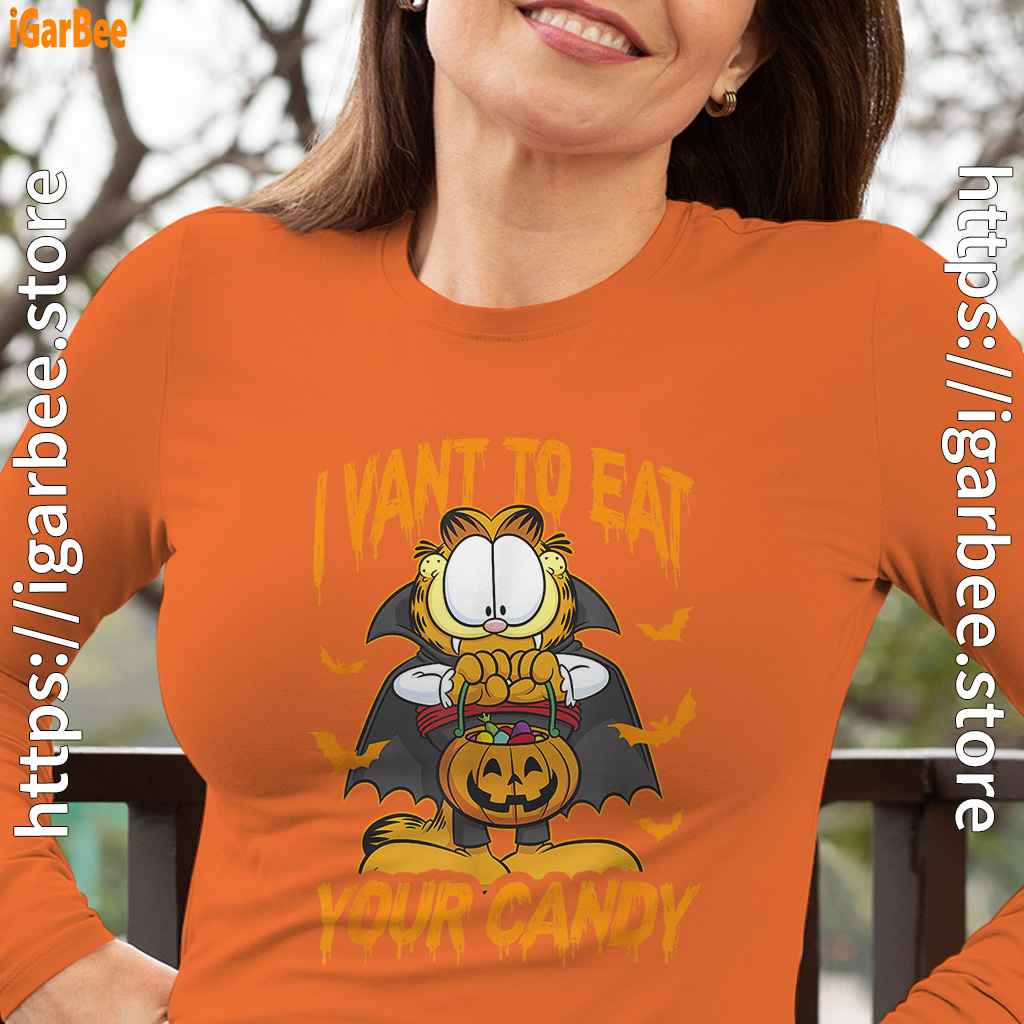 garfield halloween want to eat your candy womens long sleeve orange for female garfield halloween want to eat your candy womens long sleeve orange for female