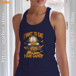 garfield halloween want to eat your candy women's navy tank top