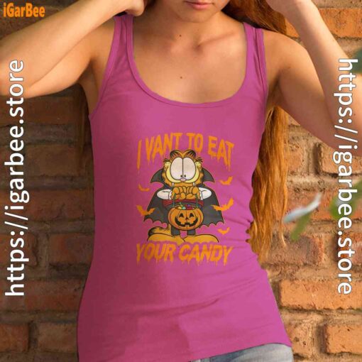 garfield halloween want to eat your candy women's pink tank top