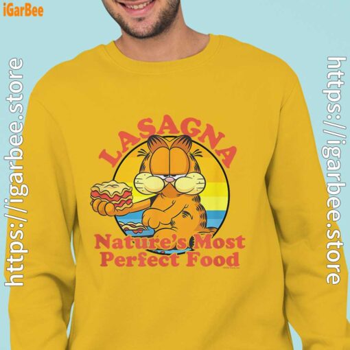 garfield lasagna natures most perfect food man with yellow sweatshirt