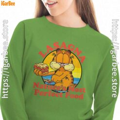 garfield lasagna natures most perfect food women with green sweatshirt