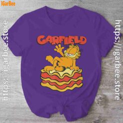 garfield lasagna slice pose purple shirt