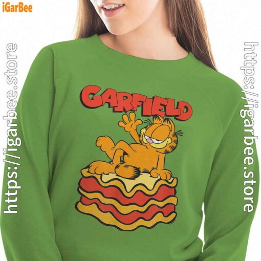 garfield lasagna slice pose women with green sweatshirt